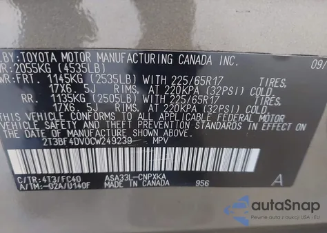 2012 Toyota Rav4 из США, поврежденный, VIN 2T3BF4DV0CW249239